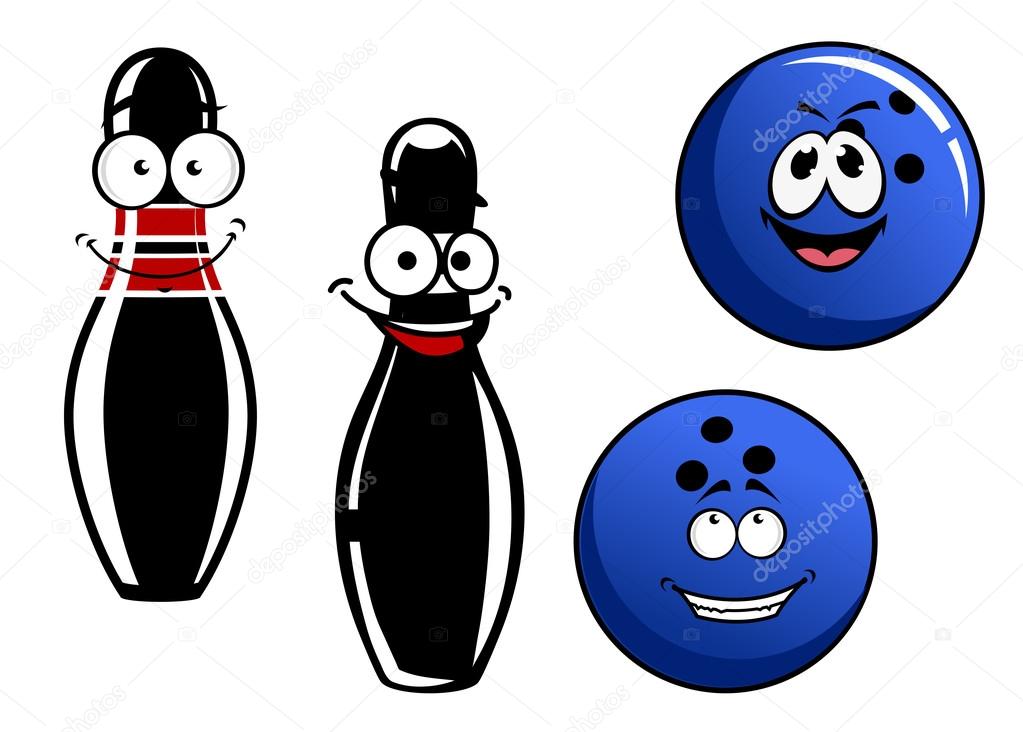 Happy smiling cartoon bowling pins and balls — Stock Vector