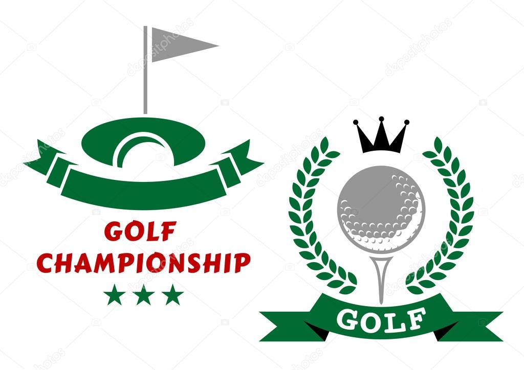 Golfing championship emblems or badges in green and grey with a banner and flag at the hole and circular wreath enclosing a golf ball and crown with banner below and text