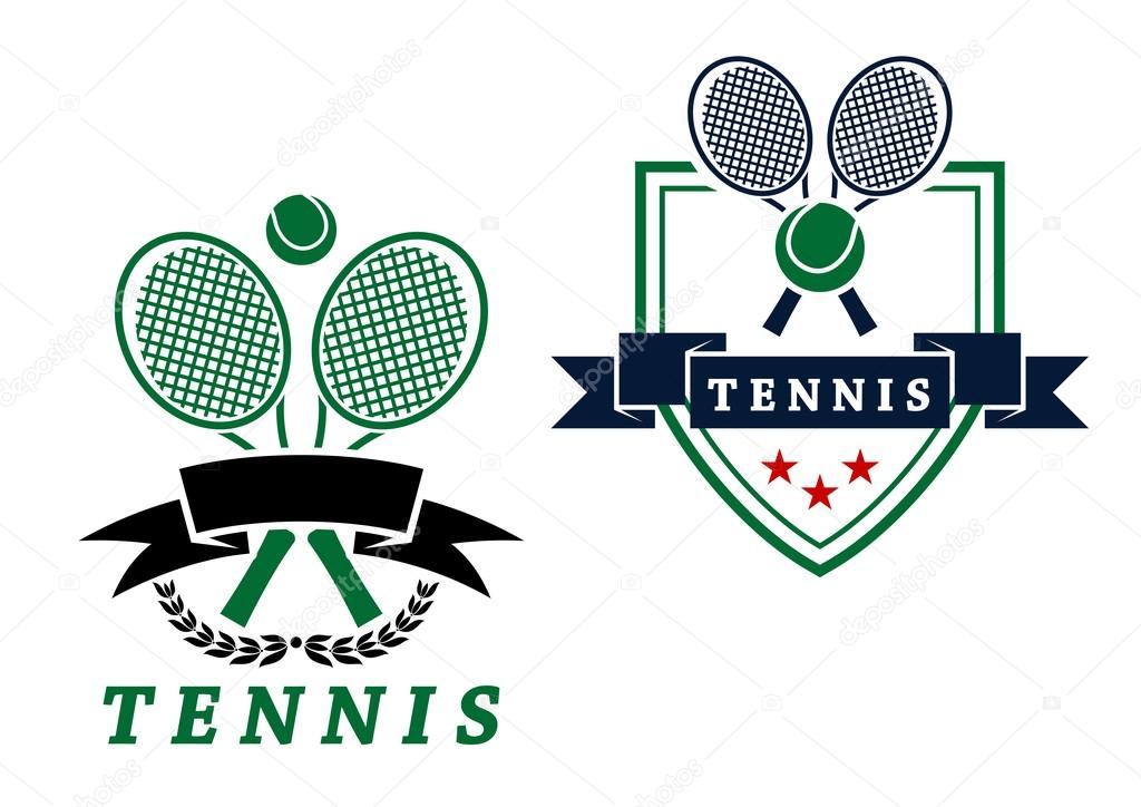 Heraldic tennis emblems or badges with crossed rackets and ball with a blank banner and shield with text Tennis below