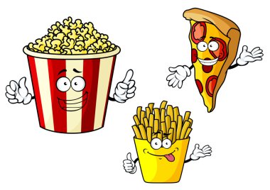Pizza, kızarmış patates, patlamış mısır çizgi film karakterleri