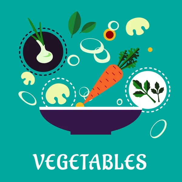 Salad vegetarian datar dengan sayuran segar - Stok Vektor
