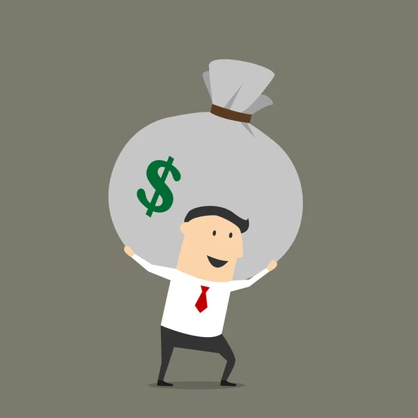 Empresario con personaje de dibujos animados de la bolsa de dinero — Vector de stock