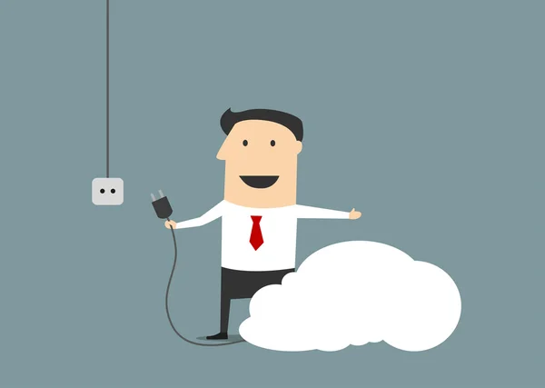 Cartoon businessman connecting personal cloud — Stock Vector