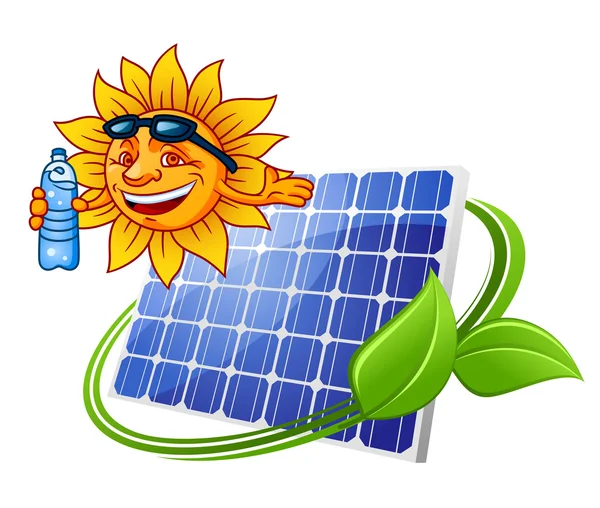 Solar panel with sun in cartoon style — Stock Vector