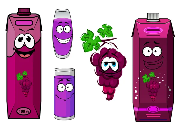 Lachende violet druivensap en fruit cartoon tekens — Stockvector