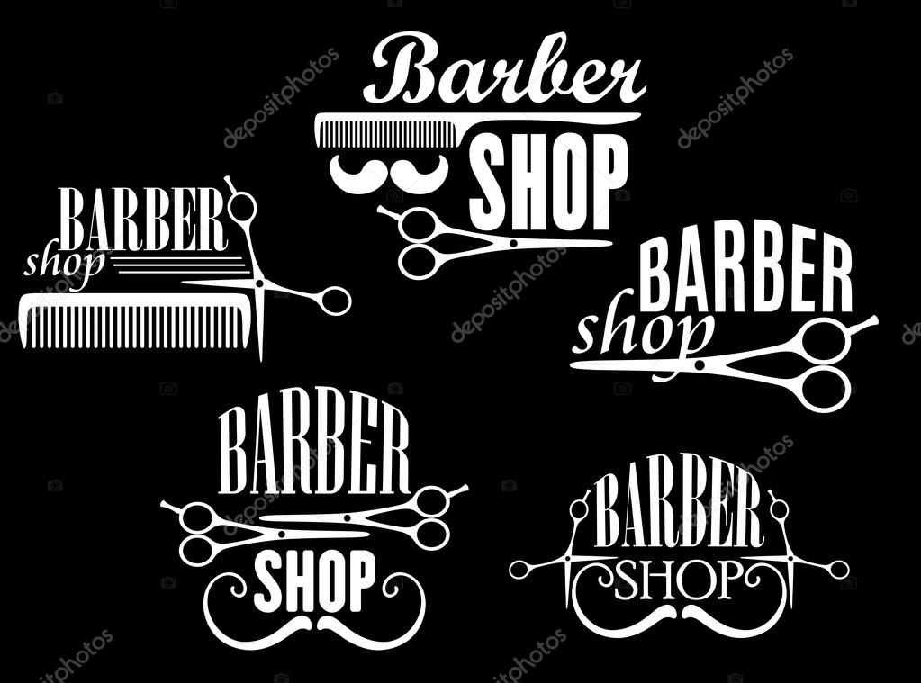 Vintage barber shop or salon emblems and logos including open and close scissors, combs and retro curled mustaches with headers Barber Shop on black background