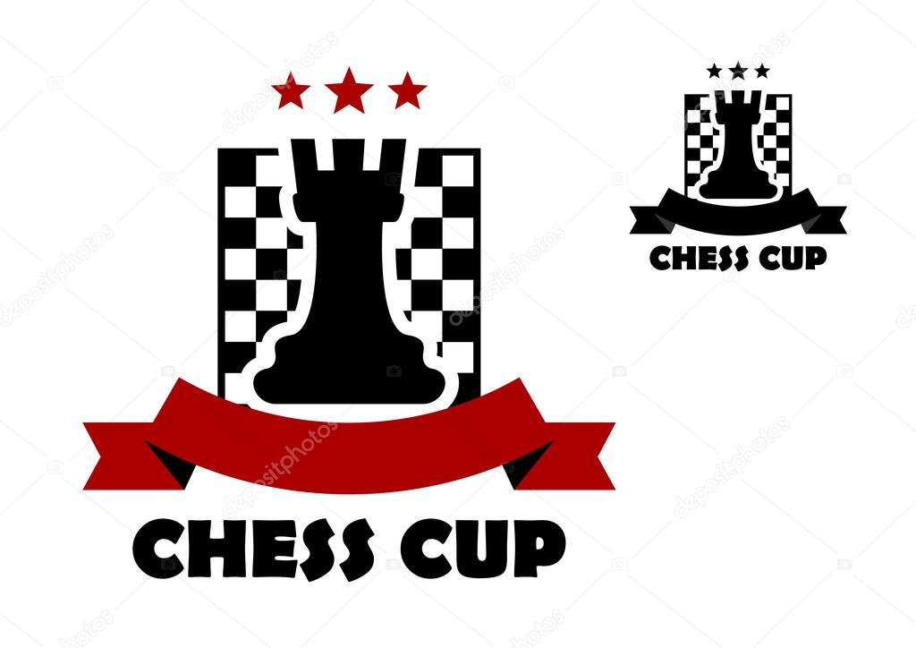 Chess cup logo or emblem template including black rook on chess board decorated red stars and ribbon banner with copy space and second variant in black color