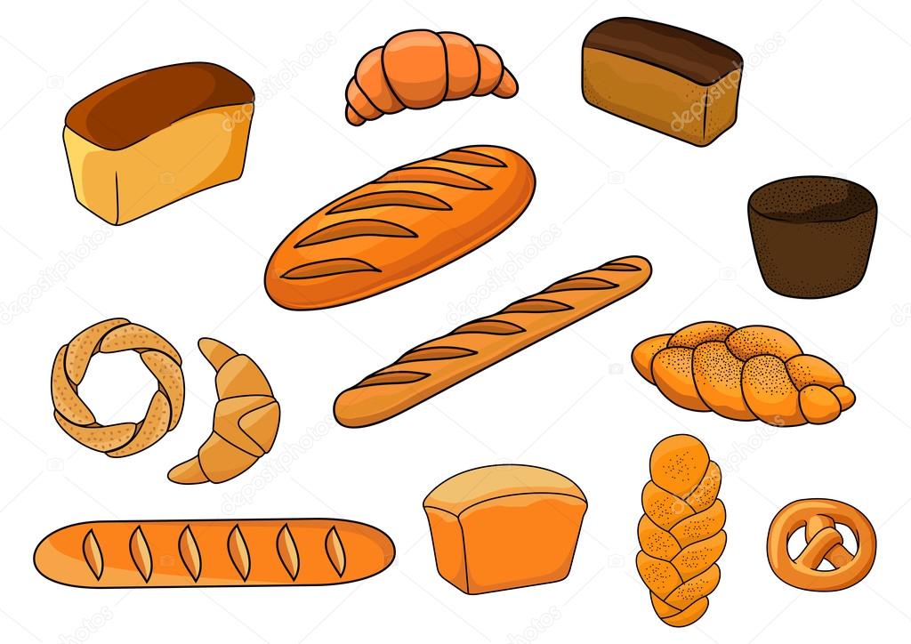Breads and pastry in cartoon style
