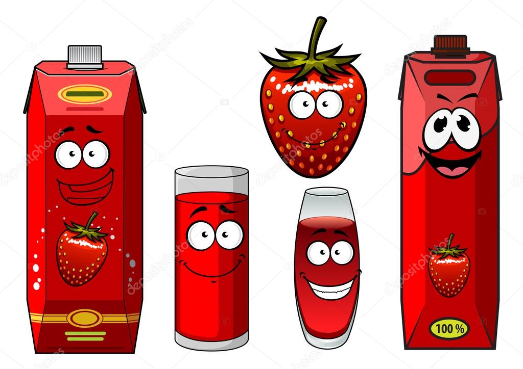 Cartoon smiling strawberry fruit and juice characters