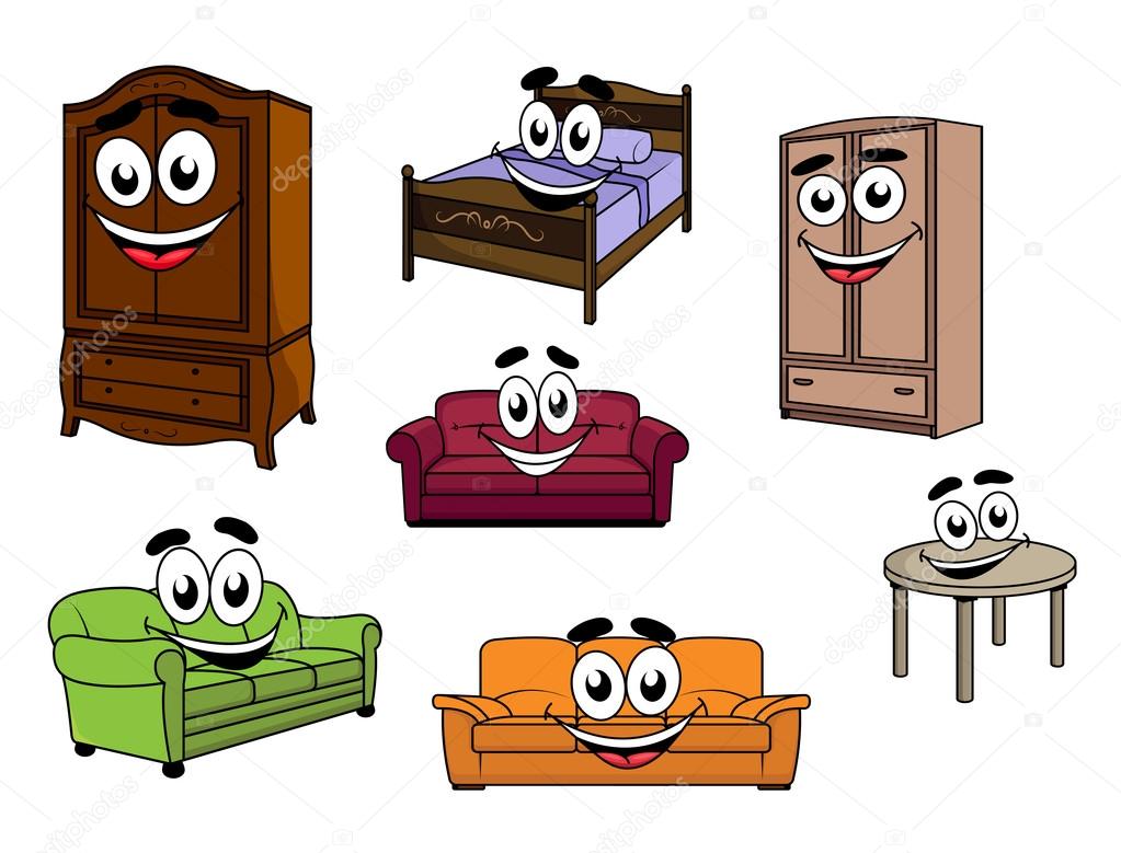 Happy sofas, cupboards, table and bed cartoon characters