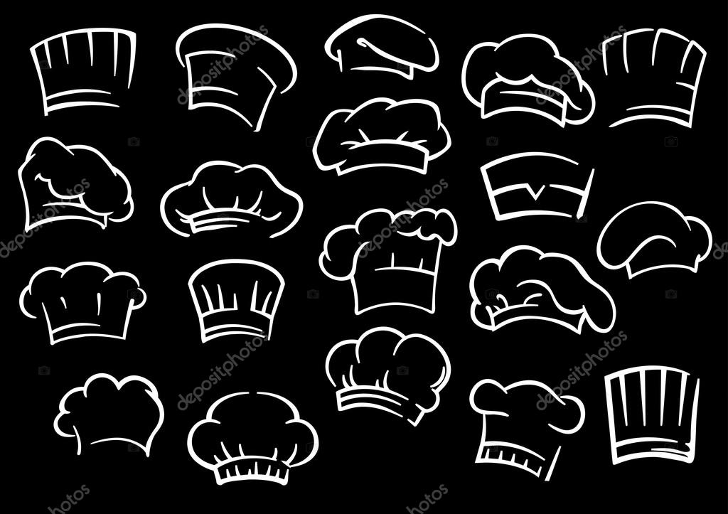 Traditional chef toques or hats in outline sketch style isolated on black background suited for restaurant or cafe menu design