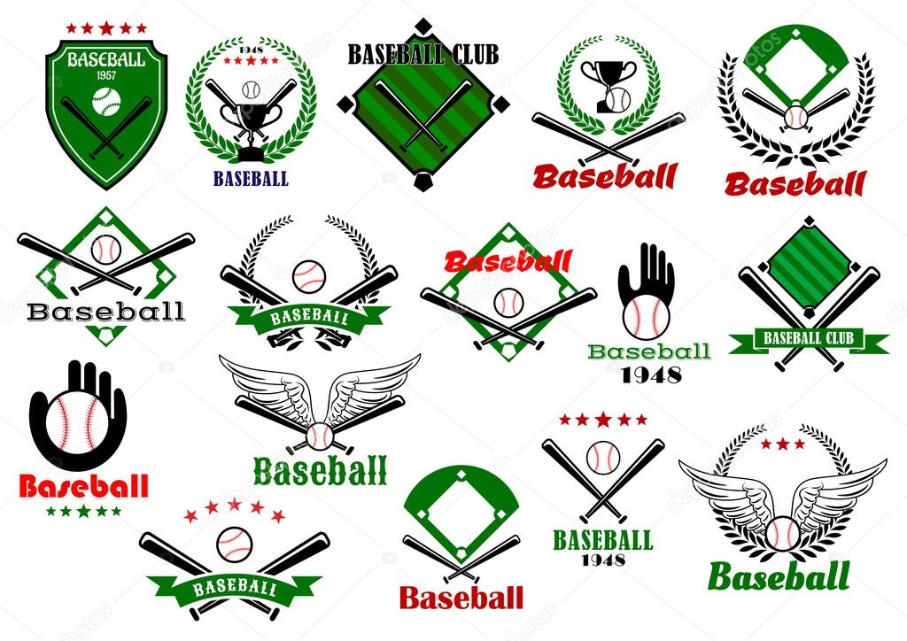 Baseball club or team emblems and logo with balls, bats, gloves, trophy cups framed by baseball fields, wings, stars and heraldic elements