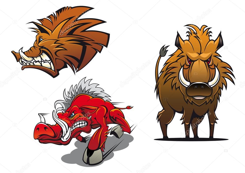 Forest wild boars cartoon mascots showing red and brown angry pigs with ruffled fur and aggressive grin for tattoo or sport team symbol design