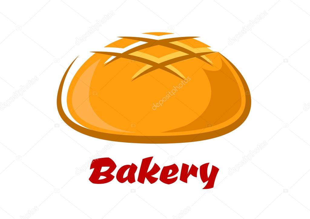 Fresh round loaf of white bread with baked crust in cartoon style isolated on white background including caption Bakery