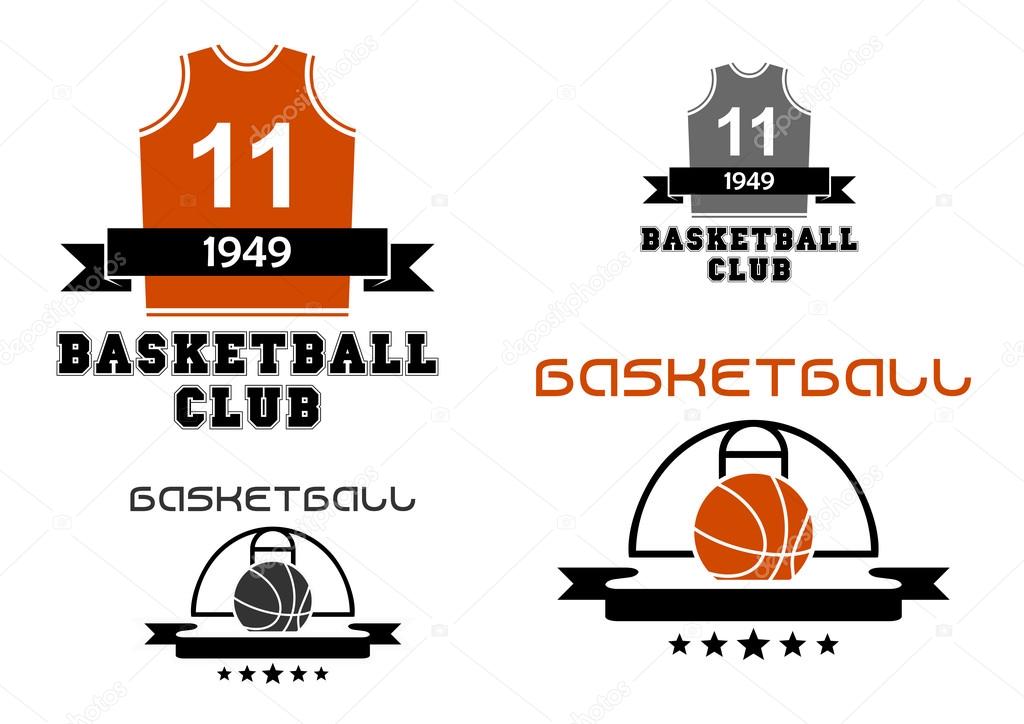 Basketball club emblems and logo depicting basketball court with ball and uniform jersey with number 11 decorated ribbon banners and stars in orange and gray color designs