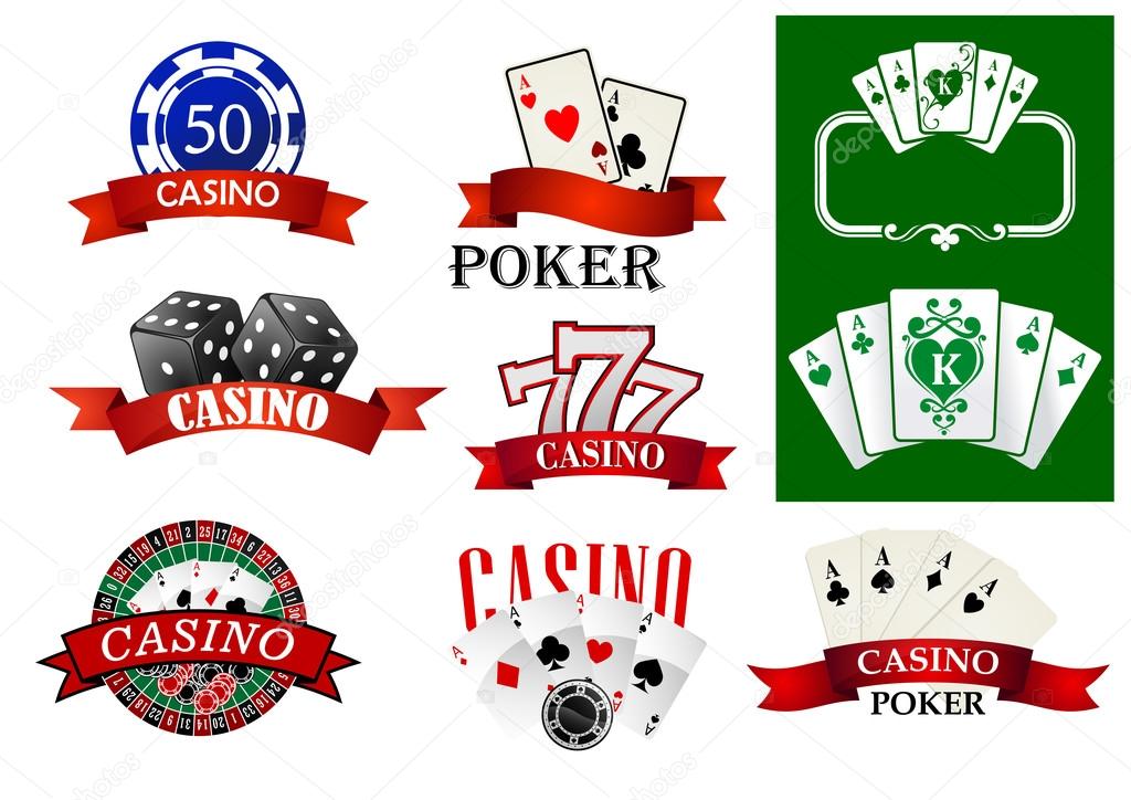 Casino emblems or badges depicting poker chips and cards, jackpot lucky seven, roulette decorated ribbon banners with text Casino or Poker for gambling or fortune concept design