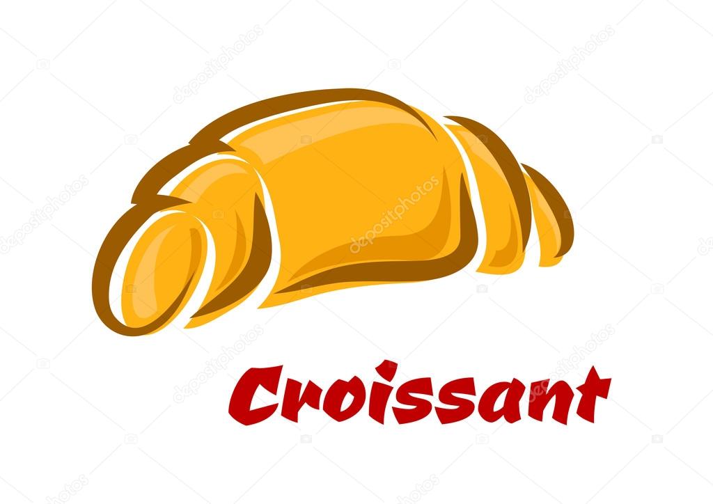 Fresh baked french croissant with golden crispy crust in cartoon style isolated on white background with caption Croissant