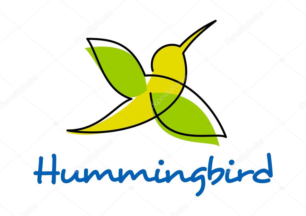 Hummingbird silhouette in doodle sketch style showing flying yellow and green little bird with long thin beak isolated on white background including caption Hummingbird