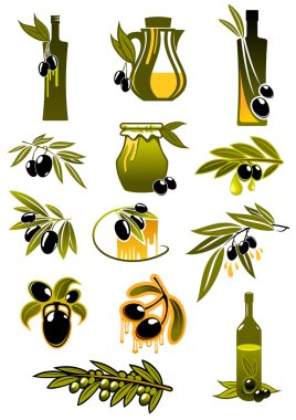 Şube ve zeytin ile zeytinyağı şişeleri