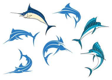 Mavi marlins veya swordfishes çizgi kahramanlar