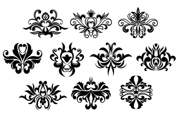 Zwart curly bloemdessin elementen — Stockvector