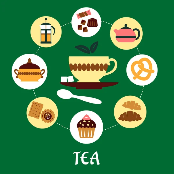 Tea flat infographic with dessert icons — Stock Vector