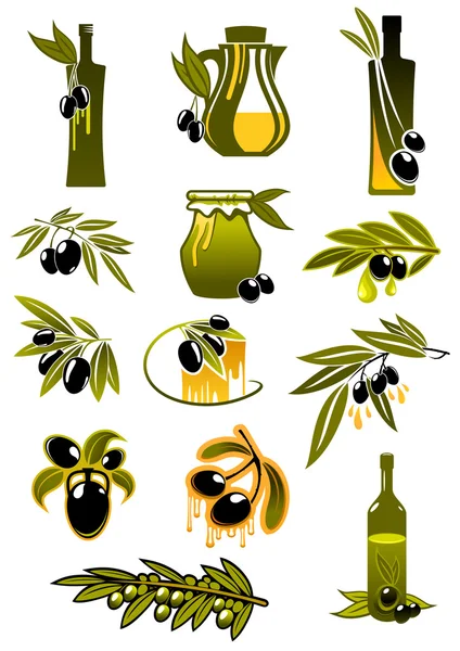 Botellas de aceite con ramas y aceitunas — Vector de stock