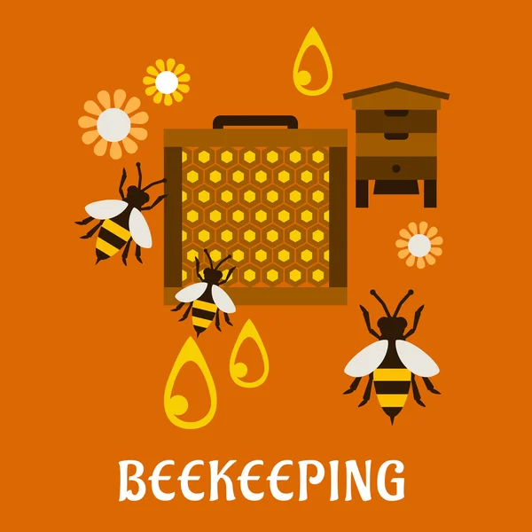 Flat beekeeping concept with beehive and bees — Stock Vector