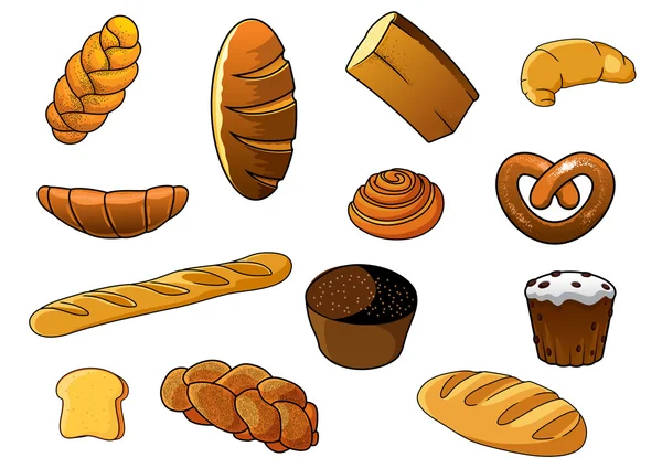 卡通不同种类的面包和糕点 — 图库矢量图片