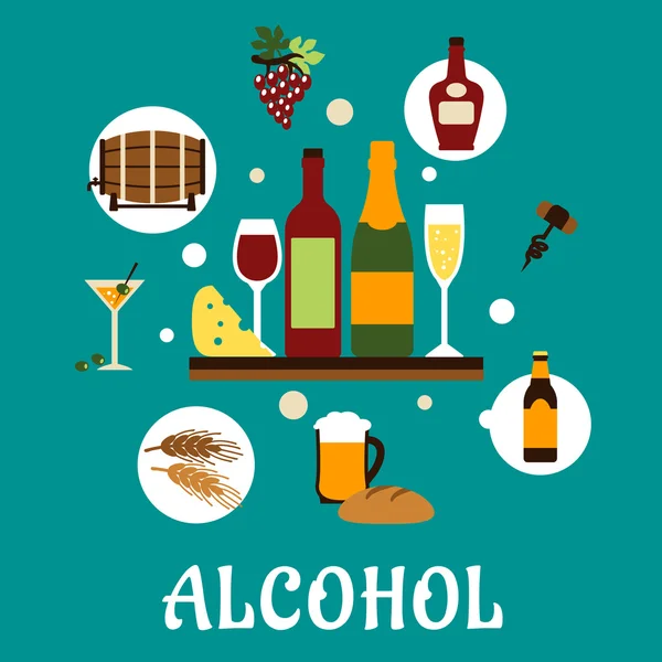 Flache alkoholische Getränke und Snacks — Stockvektor