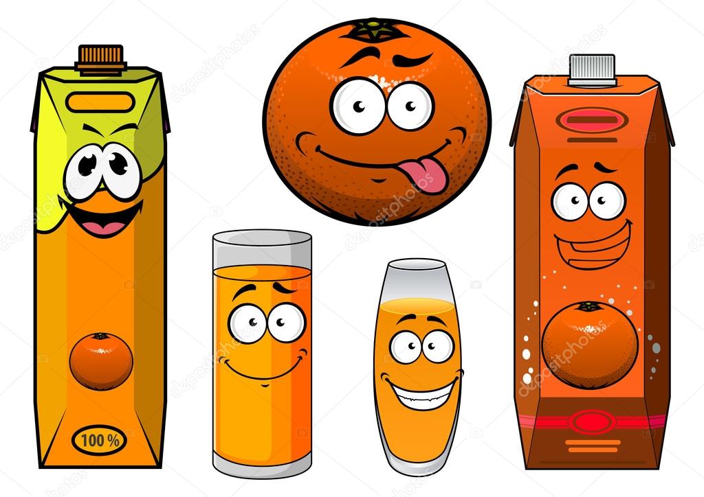 Cartoon orange fruit, juice containers and glasses