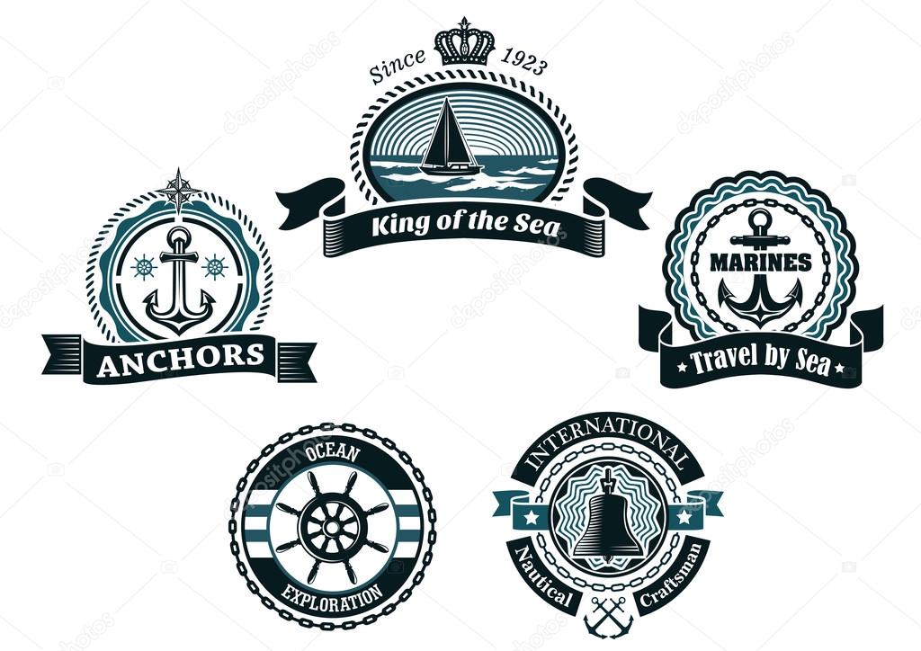 Heraldic nautical retro labels and badges in traditional blue colors depicting ship, anchors, helm, compass and bell framed ropes, chains, waves and ribbon banners