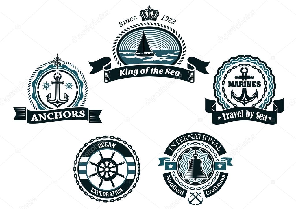 Heraldic blue nautical labels and badges