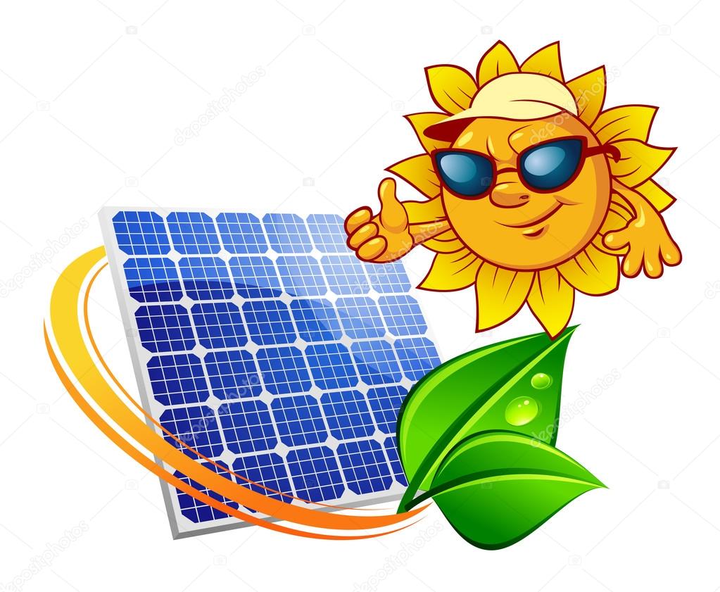 Cartoon sun in front of solar panel