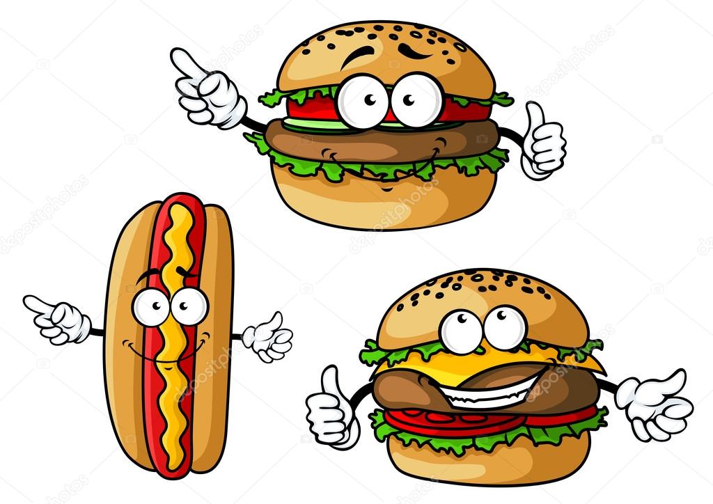 Hamburger, cheeseburger and hot dog cartoon characters