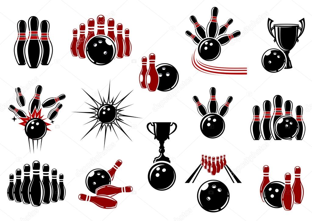 Bowling design elements for sporting emblems or logo with balls, ninepins, trophy cups and lanes decorated comics motion trails and explosion clouds