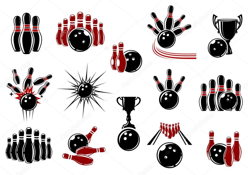 Bowling symbols with equipment and decorative elements