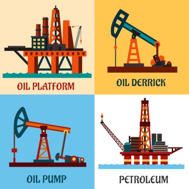 Petrol üretim ve petrol derrick düz simgeler