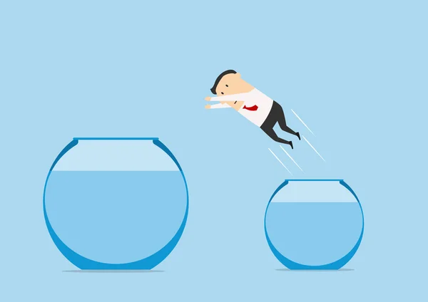 Businessman jumping out from one fish bowl to other - Stok Vektor