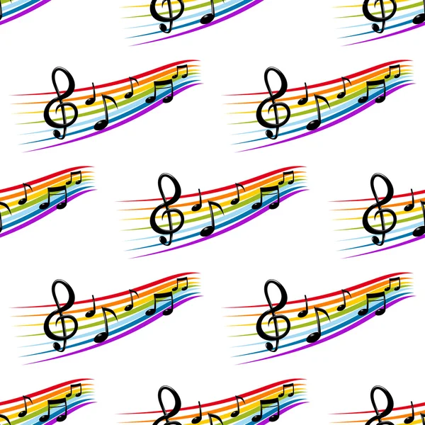 Pentagramas musicales y notas de patrones sin fisuras de colores del arco iris — Vector de stock