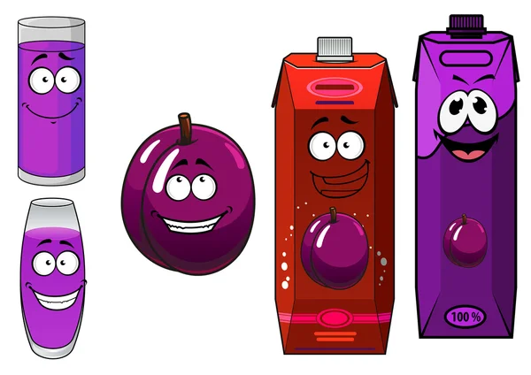 Pacotes de suco de ameixa de desenhos animados com óculos e frutas —  Vetores de Stock