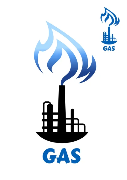 Gas production plant silhouette with blue flame — Stock Vector