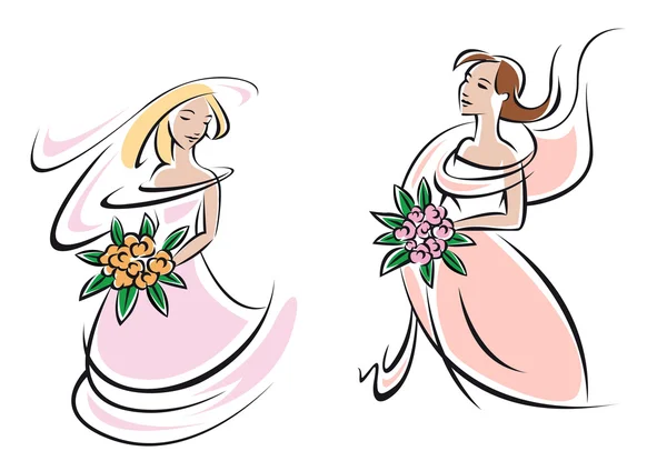 Mariées en robes de mariée roses avec des fleurs — Image vectorielle