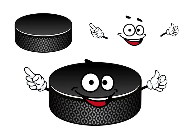 Gomma nera hockey su ghiaccio puck personaggio dei cartoni animati — Vettoriale Stock