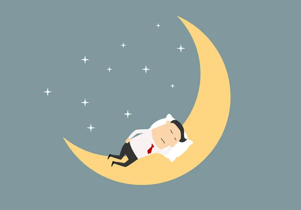 Empresário dos desenhos animados dormindo na lua — Vetor de Stock