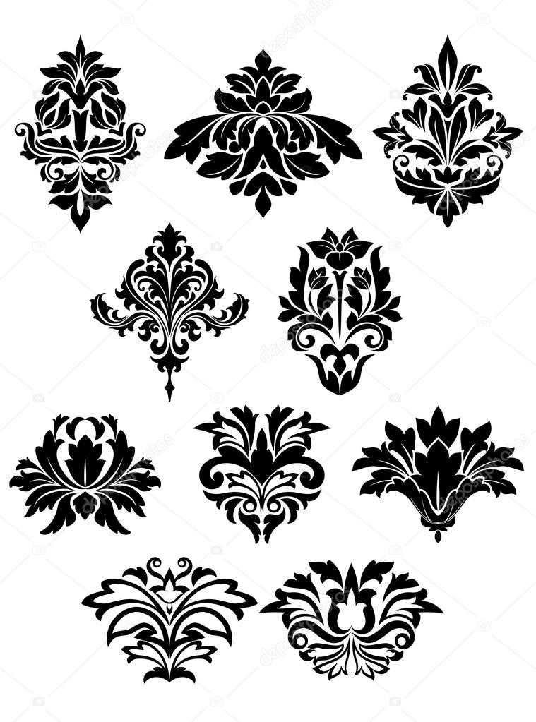 Damask floral elements with curly flower details