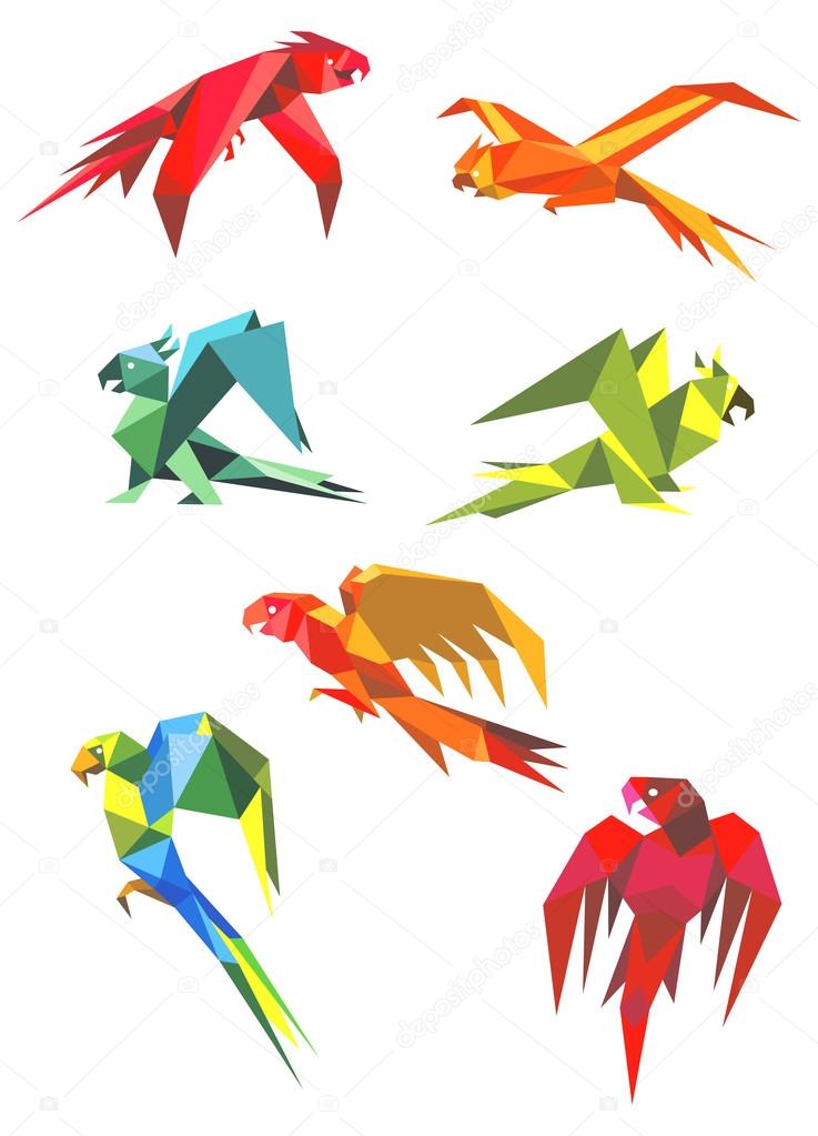 Flying colorful parrots in origami style