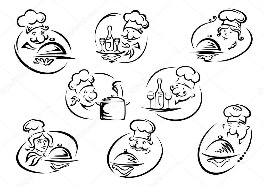 Female and male chefs in toques holding trays with dishes, pan, bottles and glasses in doodle sketch style for restaurant or cafe logo and emblems design