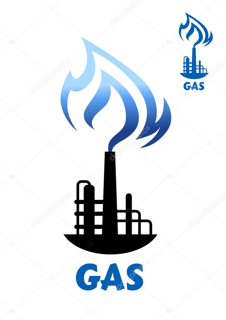 Gas production plant silhouette with blue flame