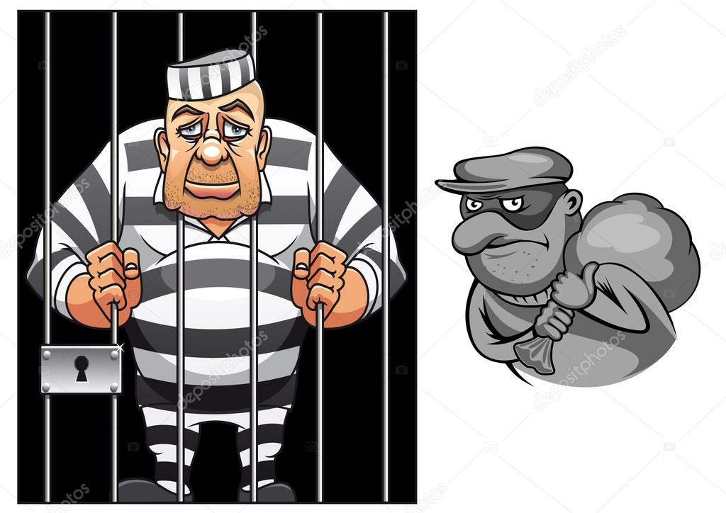Cartoon prisoner in jail and robber in mask